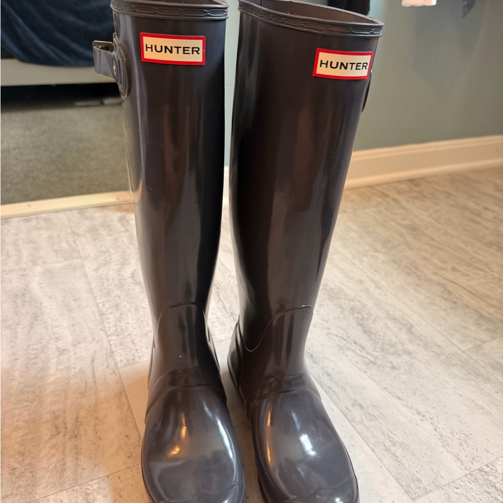 Hunter Glossy Black Tall Rain Boots With Red Logo Trim